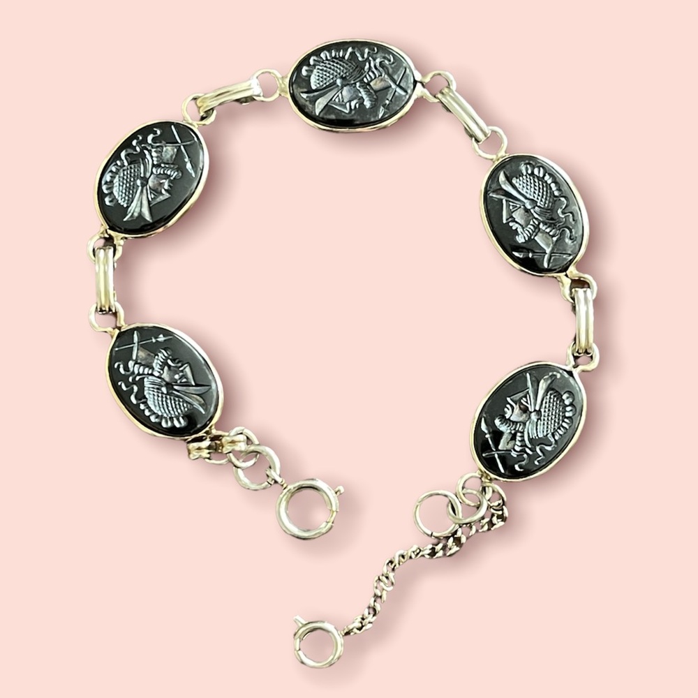 Imitation hematite carved Roman soldier silver tone adjustable bangle bracelet - Picture 5 of 7